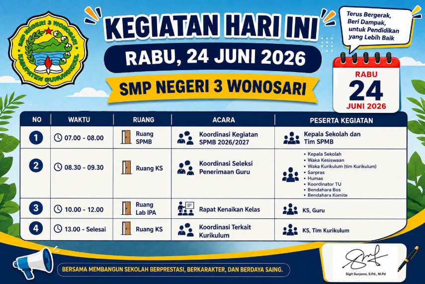 Pengumuman | Agenda Kegiatan hari Rabu, 24 Juni 2026 SMP Negeri 3 Wonosari Agenda Kegiatan
